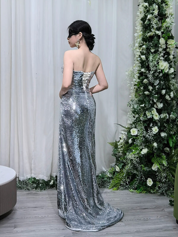 Silver sequin evening gown for women, luxury formal dress for Saudi wedding guest