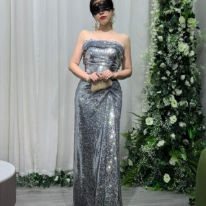 Silver sequin strapless evening gown, luxury formal dress with train for gala red carpet