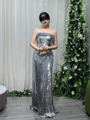 Silver sequin strapless evening gown, luxury formal dress with train for gala red carpet