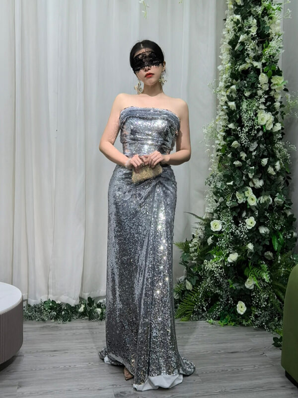 Silver sequin strapless evening gown, luxury formal dress with train for gala red carpet