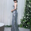 Silver sequin prom dress with strapless neckline, elegant formal gown for women