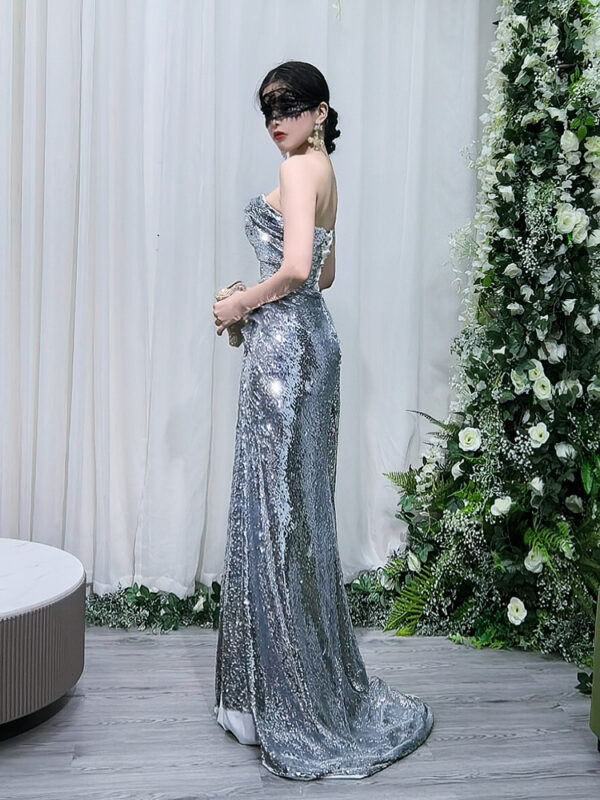 Silver sequin prom dress with strapless neckline, elegant formal gown for women