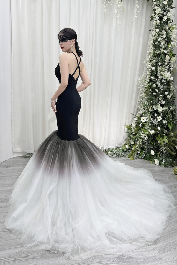 Elegant black halter mermaid dress with ombre tulle skirt and trailing train.