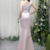 Elegant blush pink strapless satin evening dress with ruched bodice, high slit, and floor-length train.