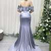 Elegant dusty blue satin evening dress with off-the-shoulder draped neckline and high split.