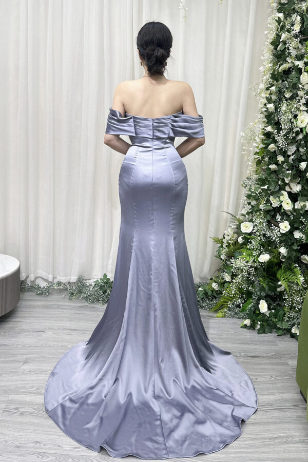 Elegant dusty blue satin evening dress with off-the-shoulder draped neckline and high split.