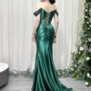 Elegant emerald green satin evening dress with off-the-shoulder neckline, corset bodice, and high side slit.