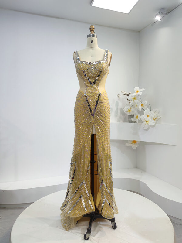 Gold Sequin Bodycon Evening Gown with Front Slit | Glamorous Party Dress
