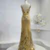 Luxury Gold Beaded Evening Gown with Mirror Embellishments and Slit