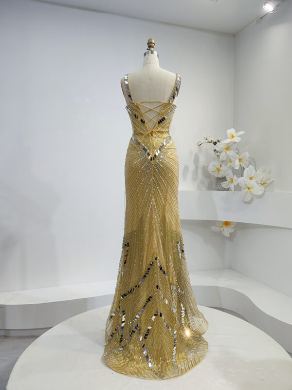 Luxury Gold Beaded Evening Gown with Mirror Embellishments and Slit