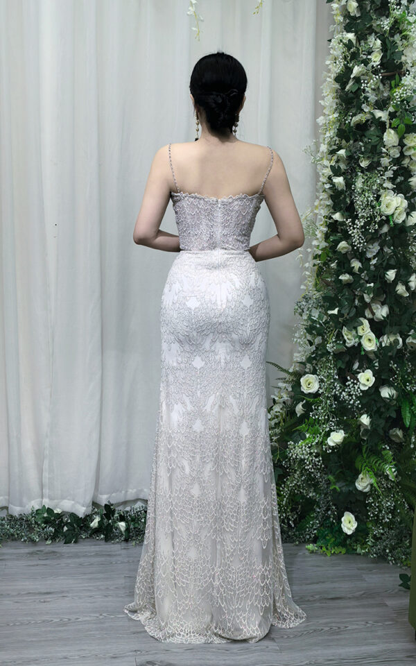 white lace formal gown with beaded bodice and mermaid train