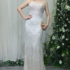 white lace mermaid evening gown with spaghetti straps and beaded scallop details
