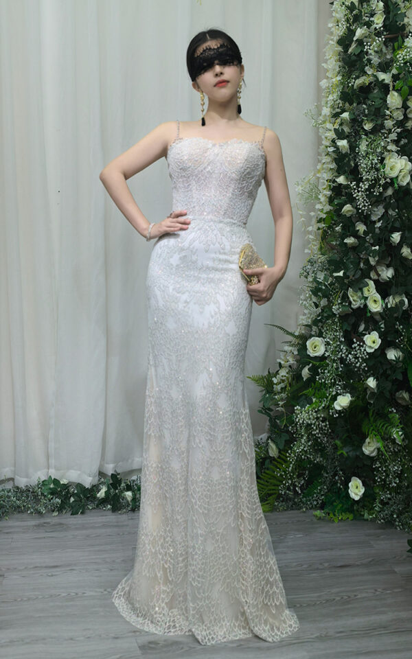 white lace mermaid evening gown with spaghetti straps and beaded scallop details