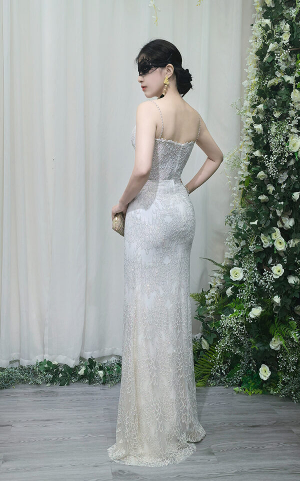 white lace mermaid prom dress with beaded bodice and train