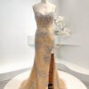 Glamorous Champagne Beaded Mermaid Prom Dress with High Slit - Sparkling Crystal-Embellished Spaghetti Strap Evening Gown for Formal Events