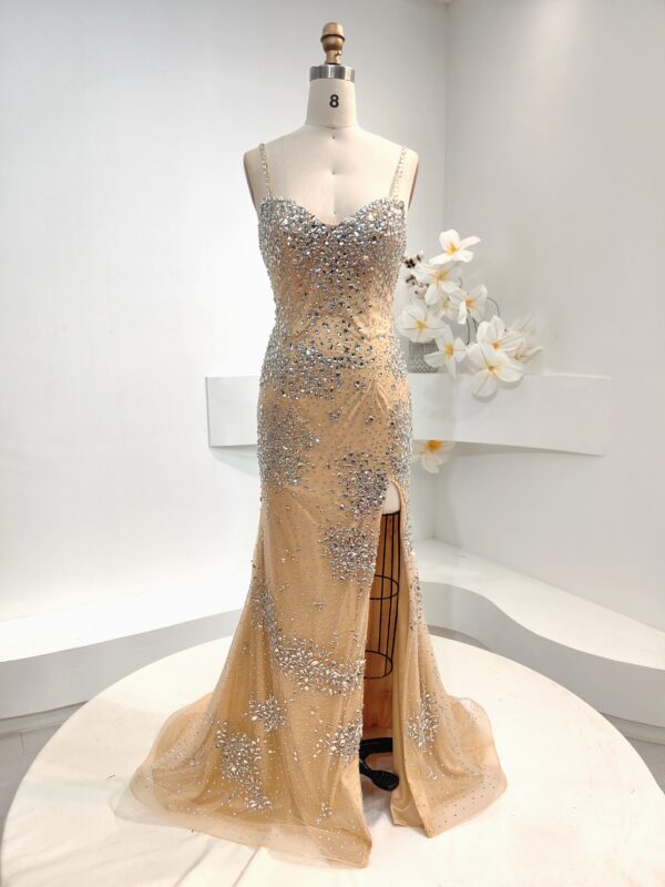 Glamorous Champagne Beaded Mermaid Prom Dress with High Slit - Sparkling Crystal-Embellished Spaghetti Strap Evening Gown for Formal Events