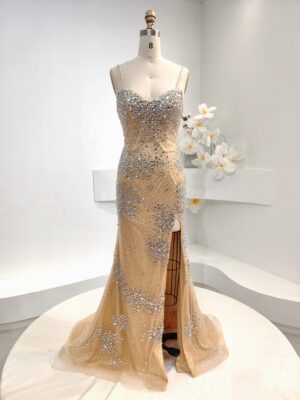 Glamorous Champagne Beaded Mermaid Prom Dress with High Slit - Sparkling Crystal-Embellished Spaghetti Strap Evening Gown for Formal Events