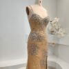 Glamorous Champagne Beaded Mermaid Prom Dress with High Slit - Sparkling Crystal-Embellished Spaghetti Strap Evening Gown for Formal Events