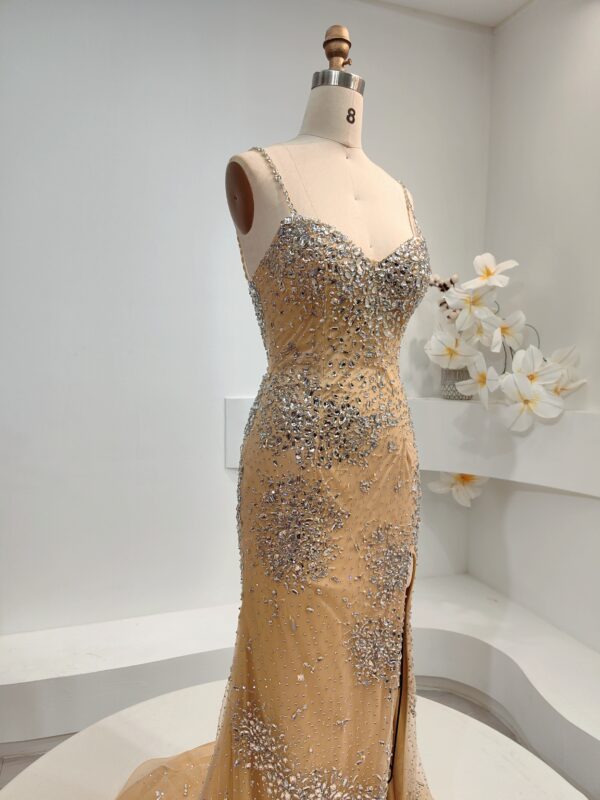 Glamorous Champagne Beaded Mermaid Prom Dress with High Slit - Sparkling Crystal-Embellished Spaghetti Strap Evening Gown for Formal Events