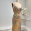 Glamorous Champagne Beaded Mermaid Prom Dress with High Slit - Sparkling Crystal-Embellished Spaghetti Strap Evening Gown for Formal Events