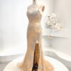 Glamorous Champagne Beaded Mermaid Prom Dress with High Slit - Sparkling Crystal-Embellished Spaghetti Strap Evening Gown for Formal Events