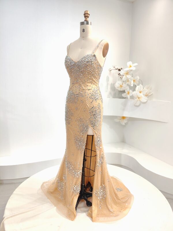Glamorous Champagne Beaded Mermaid Prom Dress with High Slit - Sparkling Crystal-Embellished Spaghetti Strap Evening Gown for Formal Events