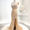 Glamorous Champagne Beaded Mermaid Prom Dress with High Slit - Sparkling Crystal-Embellished Spaghetti Strap Evening Gown for Formal Events