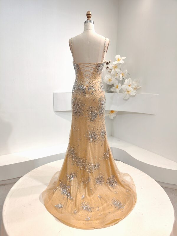 Glamorous Champagne Beaded Mermaid Prom Dress with High Slit - Sparkling Crystal-Embellished Spaghetti Strap Evening Gown for Formal Events