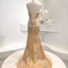 Glamorous Champagne Beaded Mermaid Prom Dress with High Slit - Sparkling Crystal-Embellished Spaghetti Strap Evening Gown for Formal Events