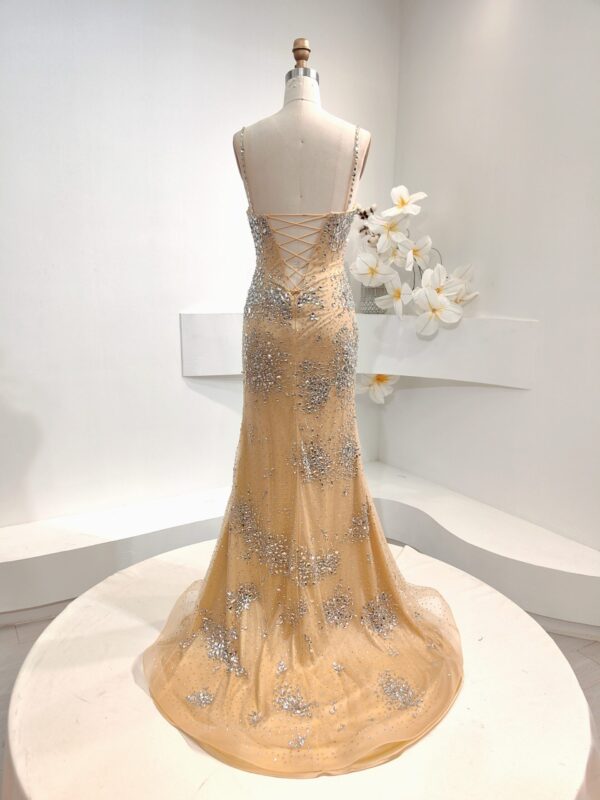 Glamorous Champagne Beaded Mermaid Prom Dress with High Slit - Sparkling Crystal-Embellished Spaghetti Strap Evening Gown for Formal Events