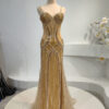 Gold Hand-Beaded See-Through Evening Gown with Slim Fit and Sparkle Stripes