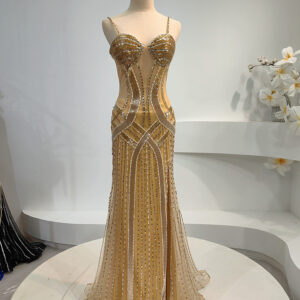 Gold Hand-Beaded See-Through Evening Gown with Slim Fit and Sparkle Stripes