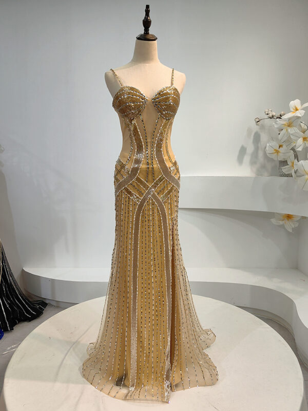 Gold Hand-Beaded See-Through Evening Gown with Slim Fit and Sparkle Stripes