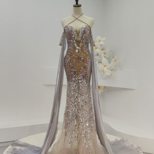 Sparkling Crystal Mermaid Runway Dress with Cape