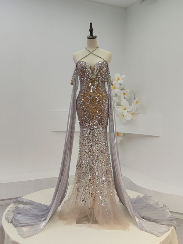 Sparkling Crystal Mermaid Runway Dress with Cape