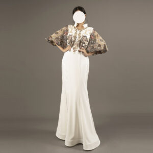 White Evening Gown with Embroidered Puff Sleeves – Elegant Couture Dress