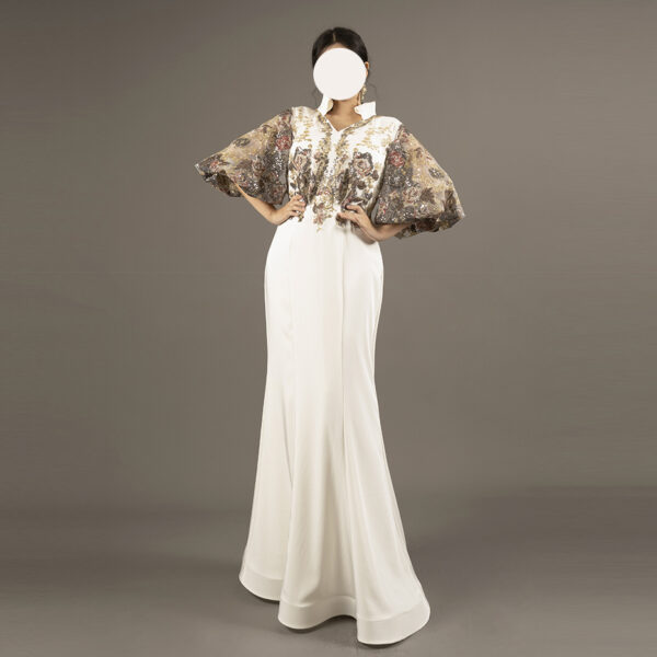 White Evening Gown with Embroidered Puff Sleeves – Elegant Couture Dress