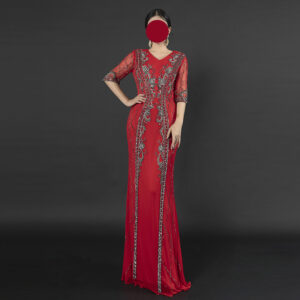 Luxury Red Evening Gown with Silver Beaded Embroidery - Half Sleeve V-Neck Formal Dress for Gala, Red Carpet & Elegant Events