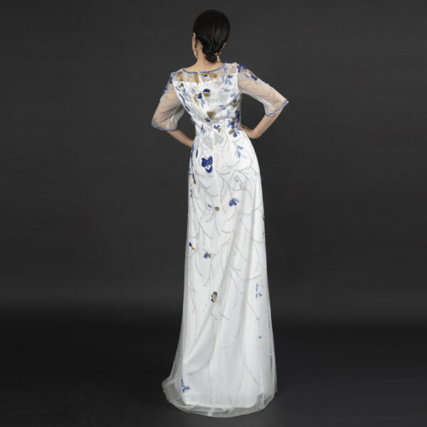 Elegant White Evening Gown with Mixed Beaded Embroidery - Half Sleeve V-Neck Formal Dress for Gala, Wedding & Luxury Events