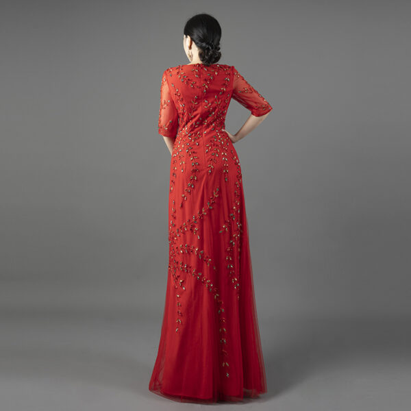 Elegant Red Beaded Evening Gown for Mother of the Bride – Half Sleeve Formal Dress with Hand Embroidery