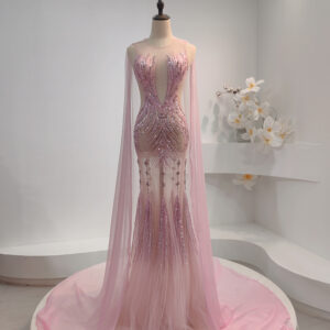 Glamorous Pink Sequin Evening Gown with Sheer Cape & Fringe Detail - Mermaid Formal Dress for Red Carpet, Gala & Luxury Events