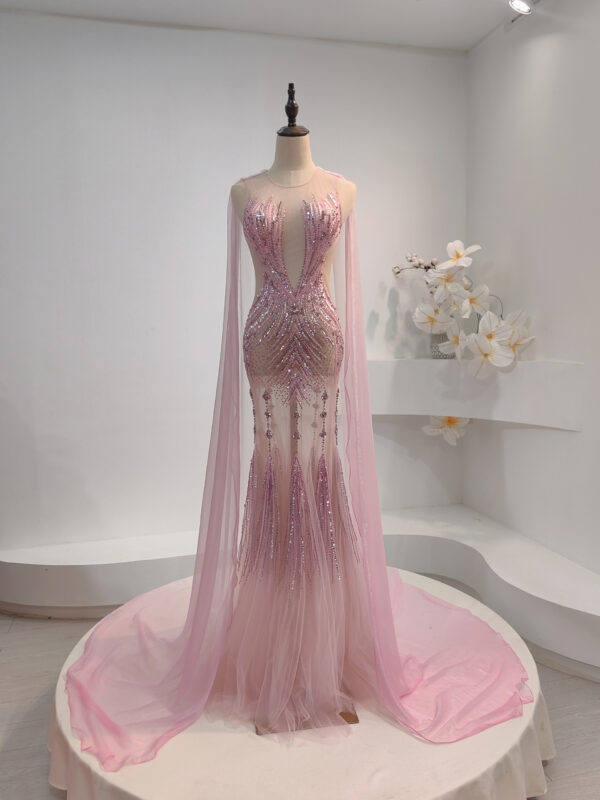Glamorous Pink Sequin Evening Gown with Sheer Cape & Fringe Detail - Mermaid Formal Dress for Red Carpet, Gala & Luxury Events