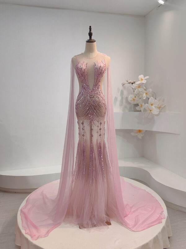 Glamorous Pink Sequin Evening Gown with Sheer Cape & Fringe Detail - Mermaid Formal Dress for Red Carpet, Gala & Luxury Events