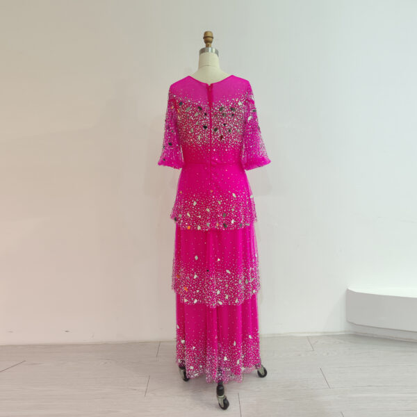 Chic Black Silver Sequined Tiered Maxi Dress - Sparkly Mesh Evening Gown with Three-Quarter Puff Sleeves