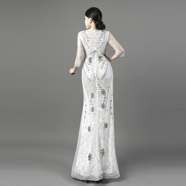 Elegant White Beaded Evening Gown with Sheer 3/4 Sleeves - Mermaid Formal Dress