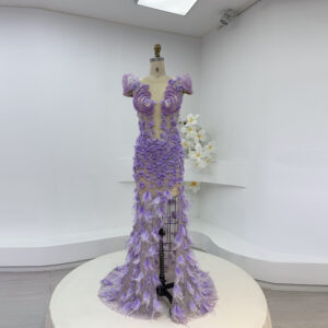 Lavender Couture Evening Gown with 3D Flowers and Feather Details