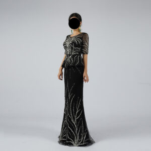 Black Sequin Evening Gown with Elegant Leaf Pattern and Sheer Sleeves