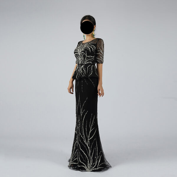 Black Sequin Evening Gown with Elegant Leaf Pattern and Sheer Sleeves