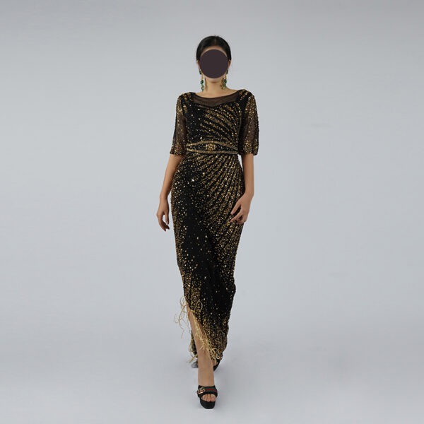 Elegant Black Mermaid Dress with Gold Beaded Details