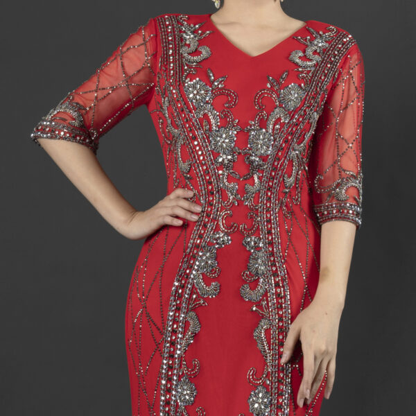 Luxury Red Evening Gown with Silver Beaded Embroidery - Half Sleeve V-Neck Formal Dress for Gala, Red Carpet & Elegant Events